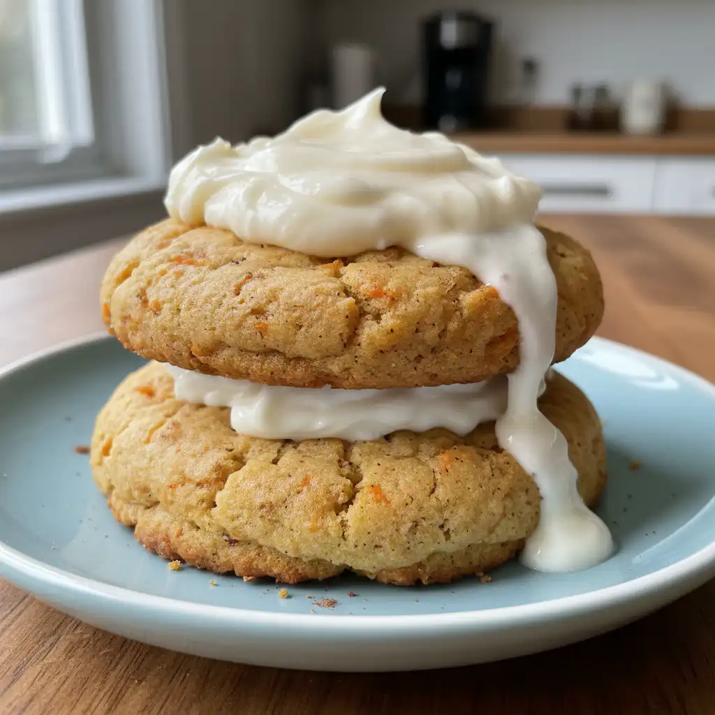 Every Meal, Made Irresistible 6 Soft, chewy carrot cake cookies with cream cheese frosting, artfully arranged on a wooden board.