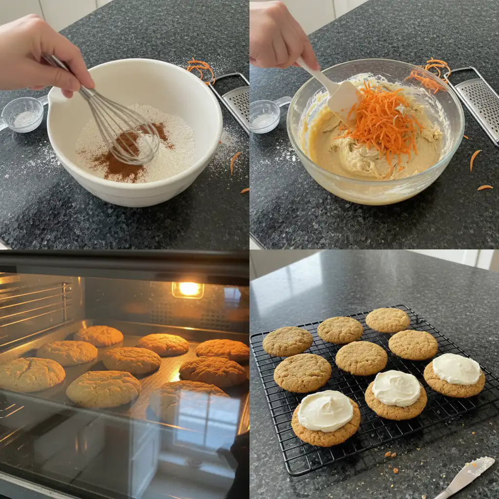 Hands mixing the dough for carrot cake cookies in a large bowl, showing grated carrots incorporated.
