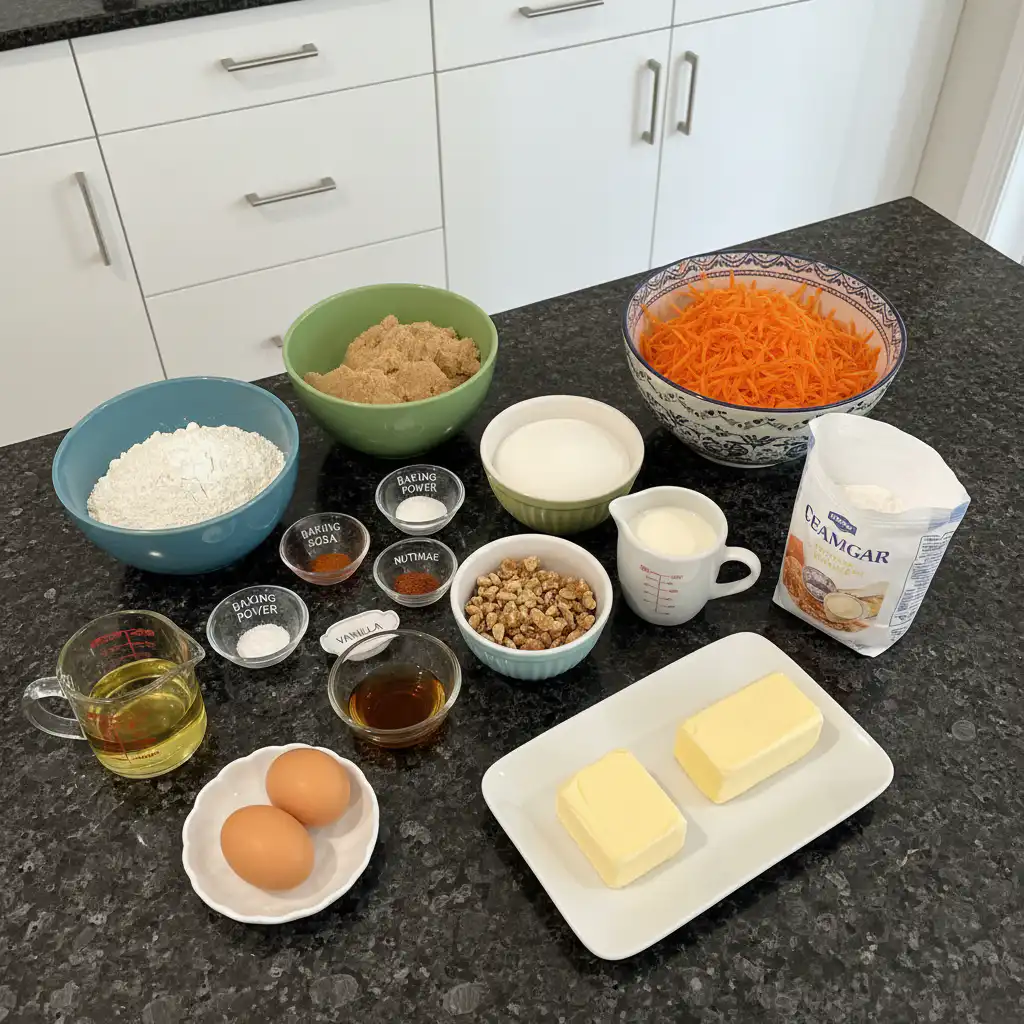 Fresh ingredients for making carrot cake cupcakes, including grated carrots, flour, eggs, and spices, neatly arranged.