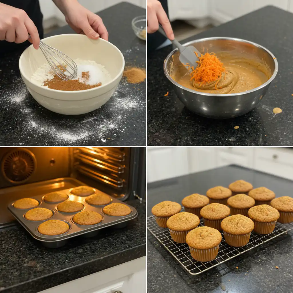 Mixing batter in a bowl for homemade carrot cake cupcakes, showing grated carrots and spices being combined.
