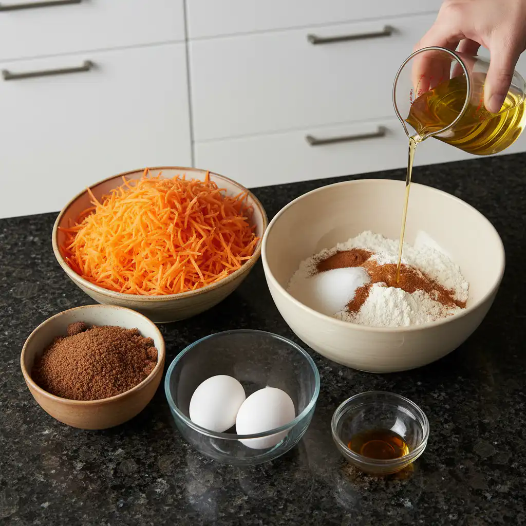 A flat lay of fresh ingredients laid out to make delicious carrot cake muffins, including grated carrots and spices.