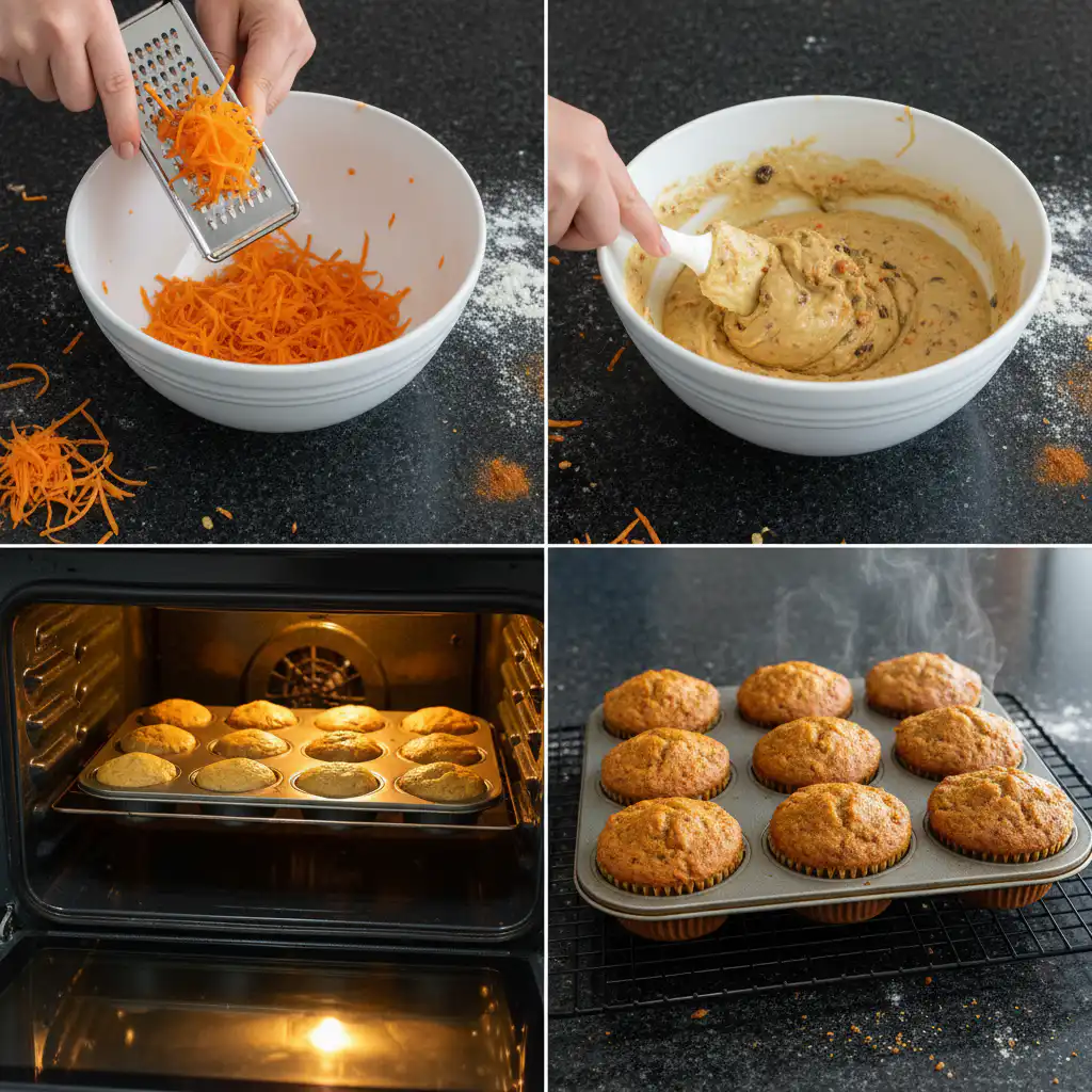 A bowl of batter being mixed, showing grated carrots, for homemade carrot cake muffins.