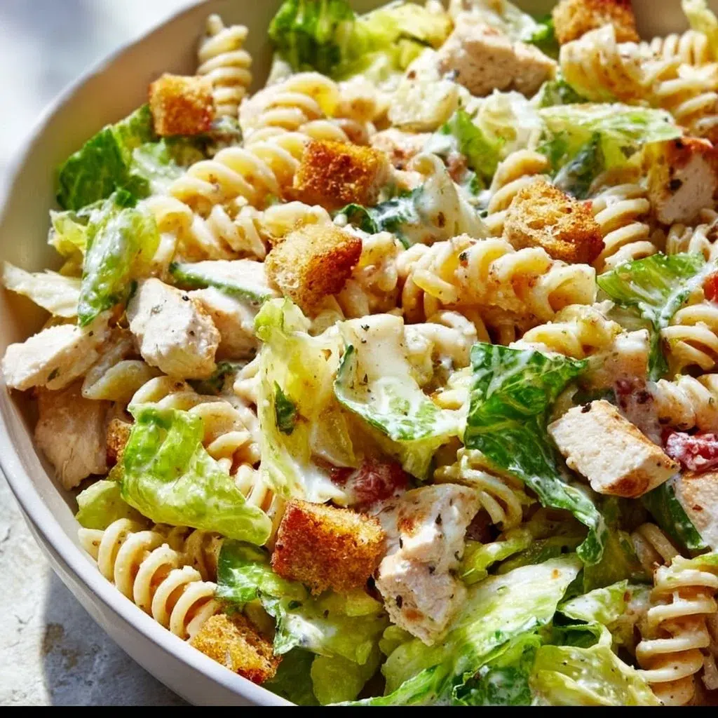 Bowl of Chicken Caesar Pasta Salad with fresh ingredients and Caesar dressing