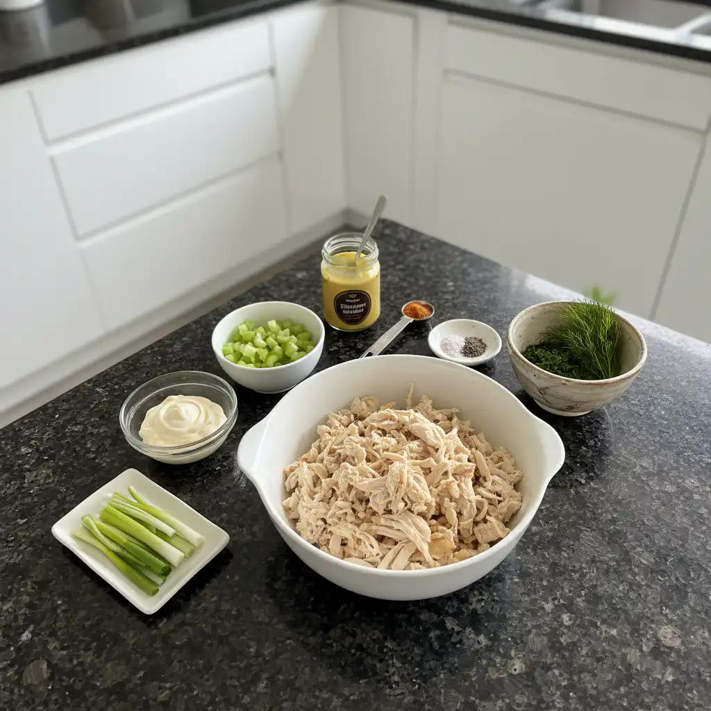 chicken-salad-sandwich-ingredients-layout Fresh ingredients for a chicken salad sandwich including cooked chicken, celery, mayonnaise, and bread on a wooden board.