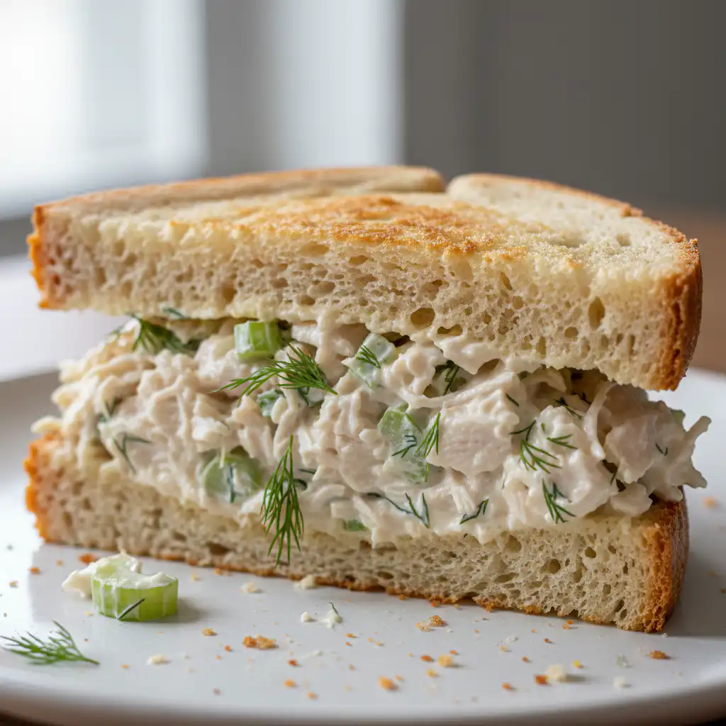 A delicious, creamy chicken salad sandwich on toasted bread, garnished with fresh lettuce and a side of chips.