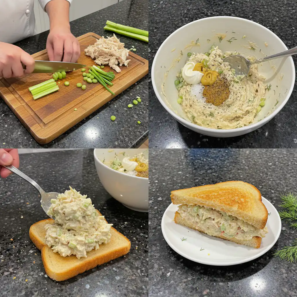 chicken-salad-sandwich-mixing-prep A bowl of shredded chicken, celery, and mayonnaise being mixed together for a creamy chicken salad sandwich.