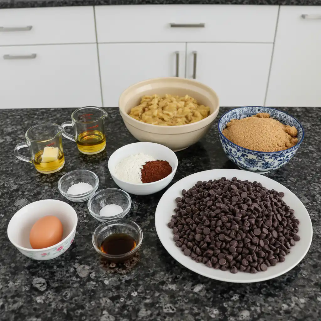 chocolate-banana-bread-ingredients-mise-en-place All the fresh ingredients for making homemade chocolate banana bread laid out on a counter.