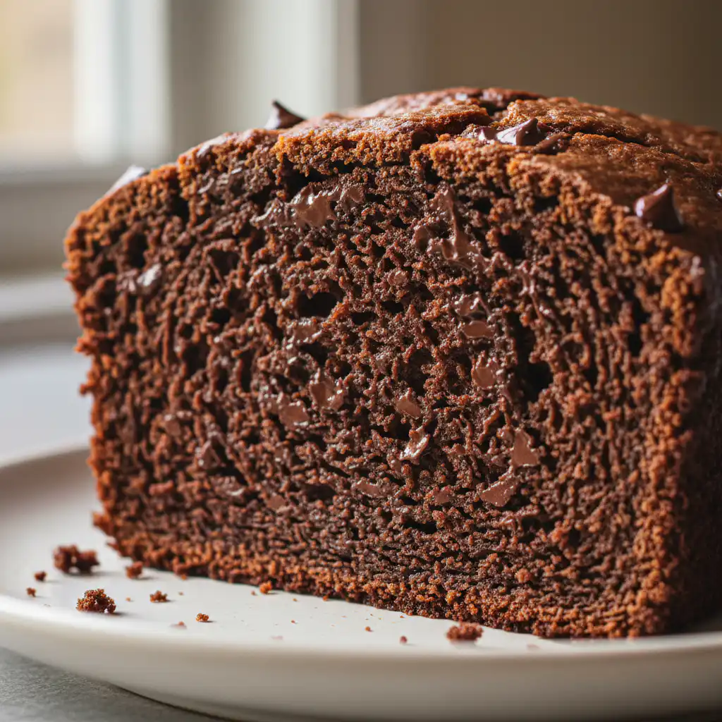 A close-up of a perfectly baked loaf of chocolate banana bread with melty chocolate chips on a cooling rack.