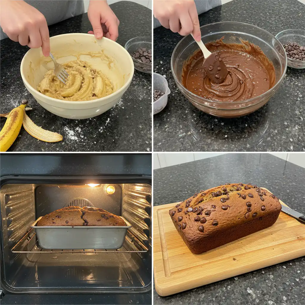 chocolate-banana-bread-prep-mixing-batter Hands mixing ripe mashed bananas with a rich chocolate batter for chocolate banana bread in a large bowl.