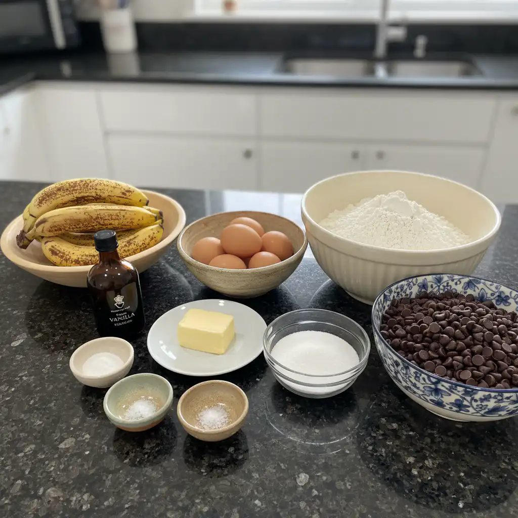 Fresh bananas, chocolate chips, flour, and other ingredients for chocolate chip banana bread on a counter.