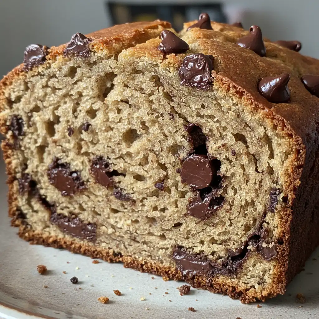 A perfectly sliced loaf of warm chocolate chip banana bread with melted chips.