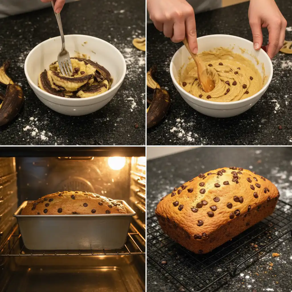 Mashing ripe bananas in a bowl, a key step for moist chocolate chip banana bread.