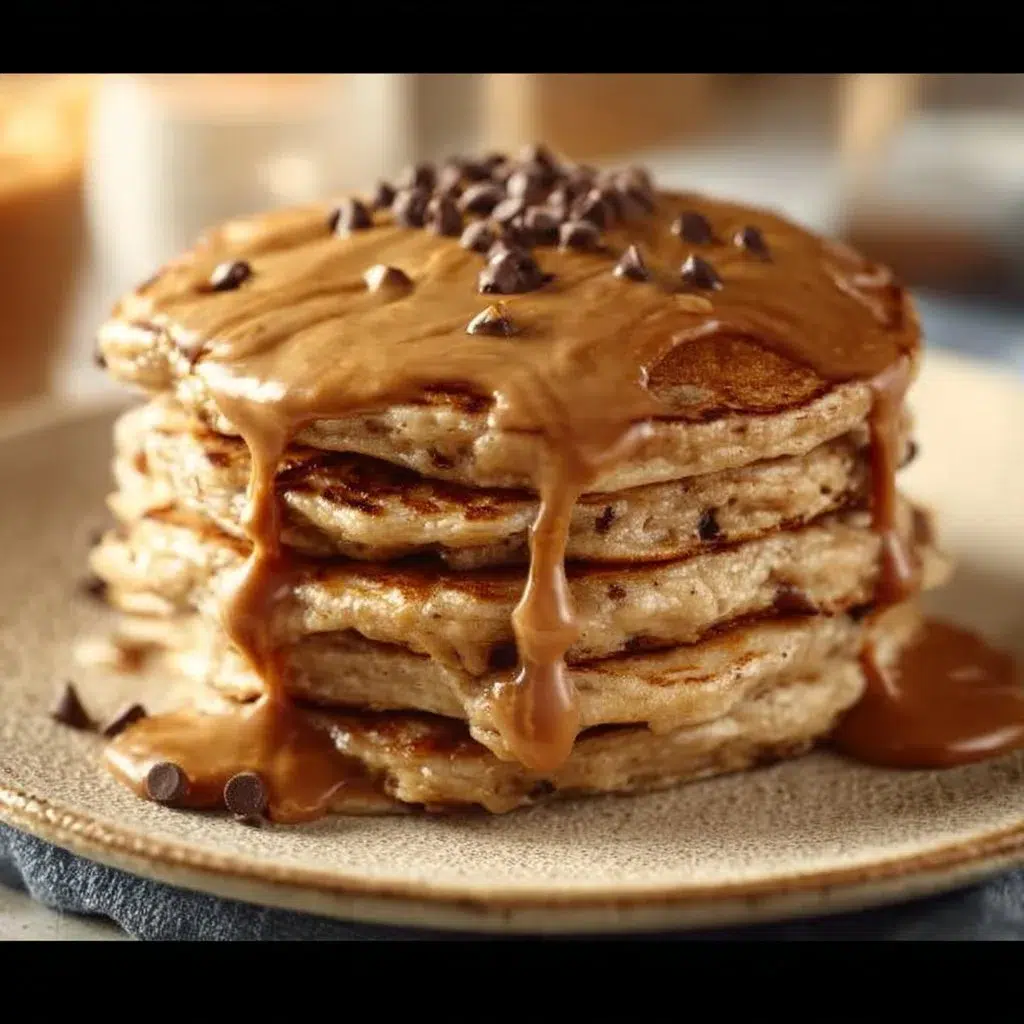 Delicious chocolate chip coffee pancakes stacked on a plate, drizzled with syrup.