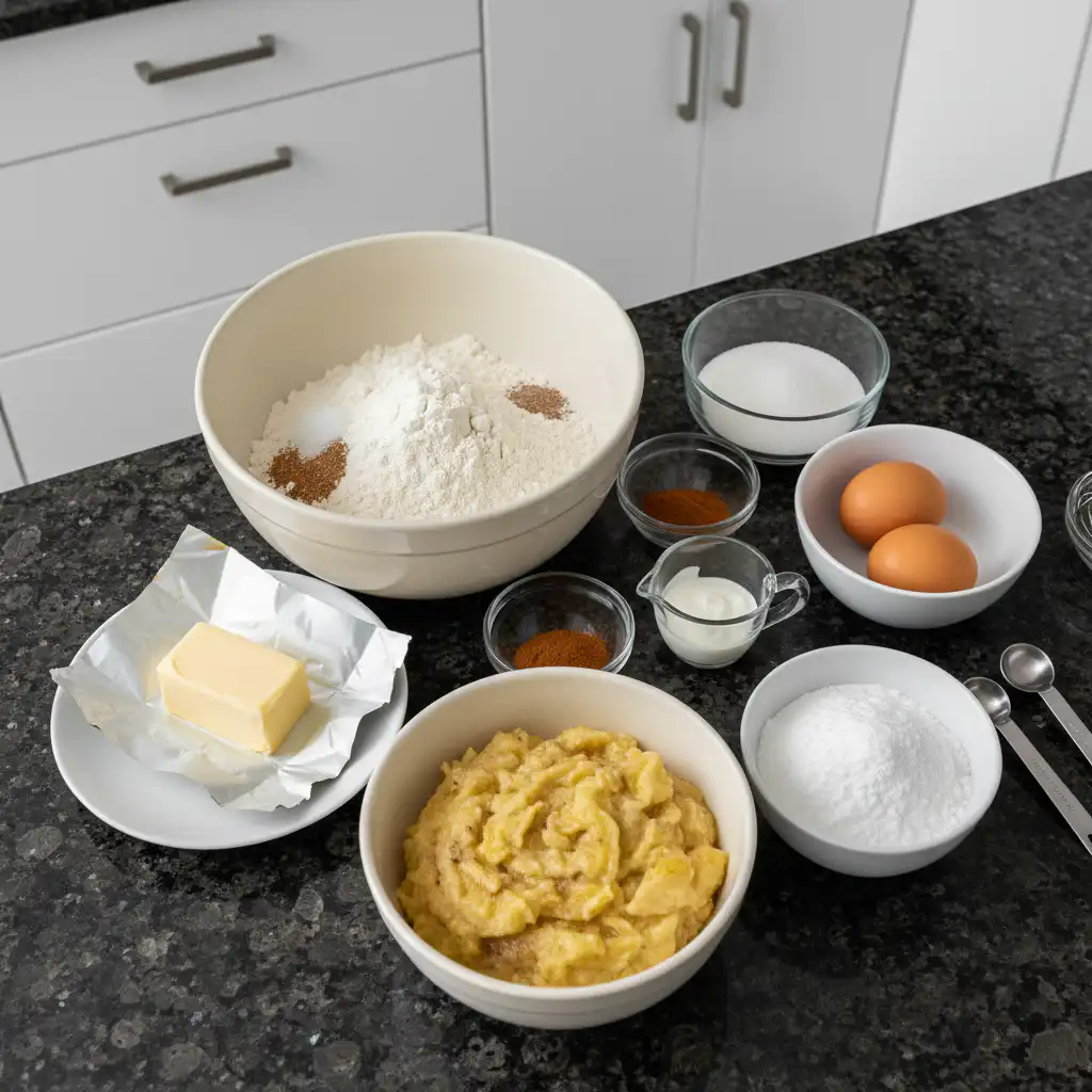 All fresh ingredients laid out for baking homemade cinnamon banana bread on a rustic wooden table.