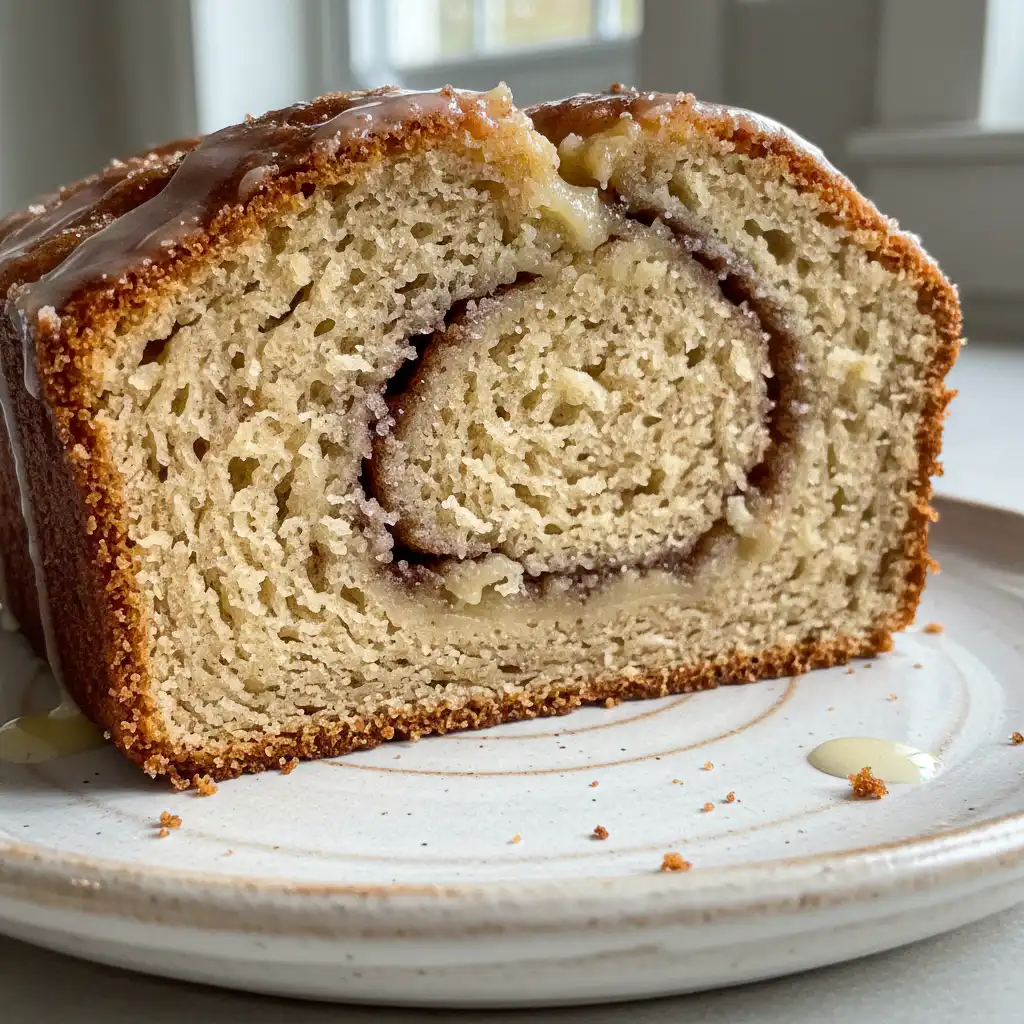 A warm slice of cinnamon banana bread with a golden-brown crust and visible swirls of spice, ready to be enjoyed.