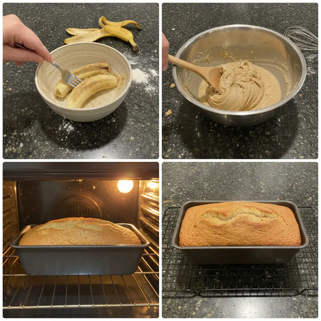 Mashing ripe bananas in a bowl, a key step in preparing cinnamon banana bread batter.