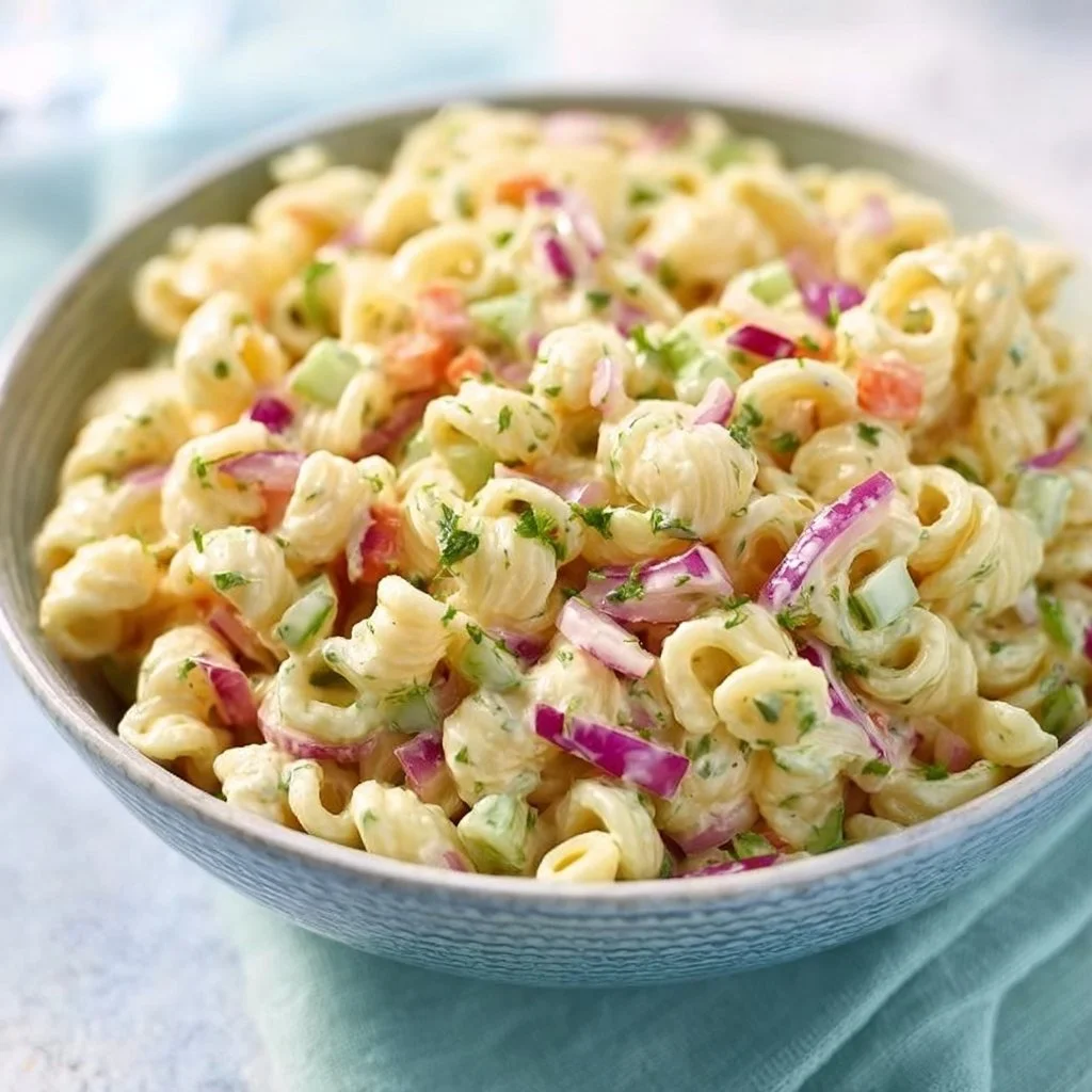 Bowl of classic macaroni salad with vegetables and dressing