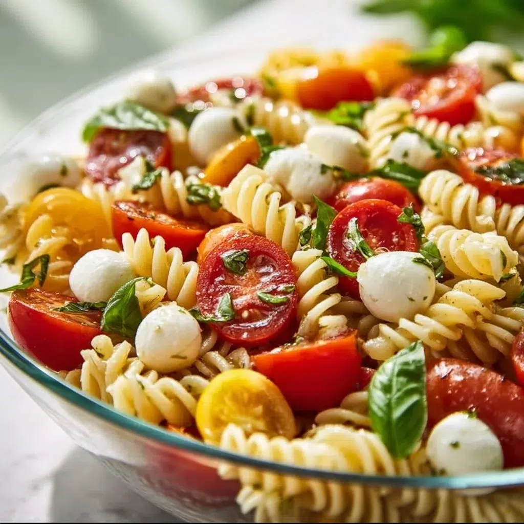 Colorful Caprese Pasta Salad with tomatoes, mozzarella, and fresh basil