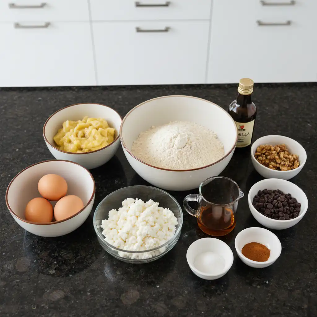 Fresh ingredients for cottage cheese banana bread, including bananas, cottage cheese, flour, and eggs.