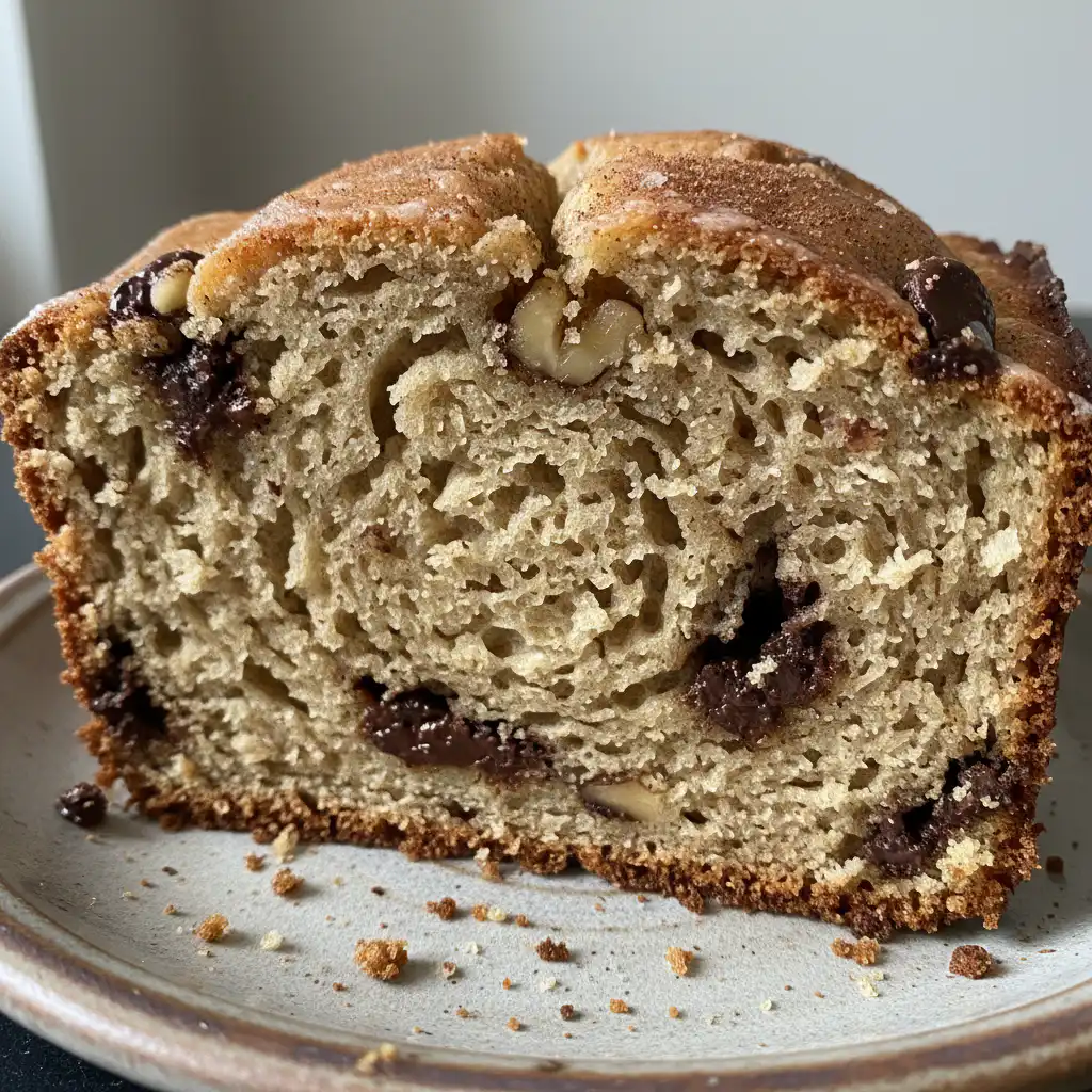 A delicious slice of moist cottage cheese banana bread on a white plate, ready to be enjoyed.