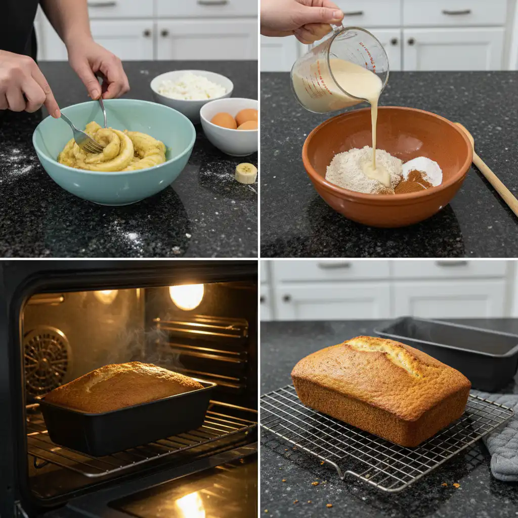Mixing the wet ingredients for cottage cheese banana bread in a large bowl, showing the creamy texture.