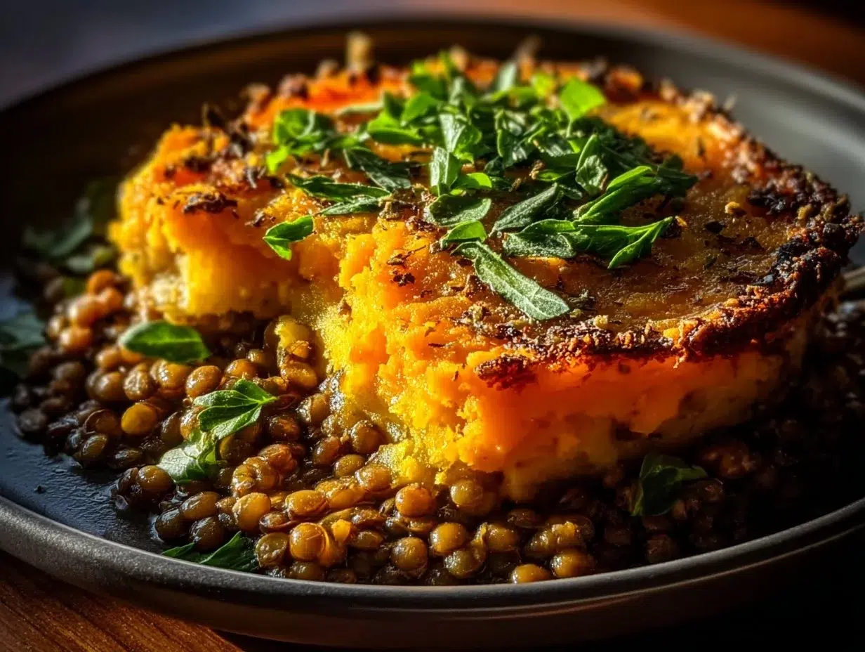 Cozy Sweet Potato and Lentil Shepherd's Pie served in a dish