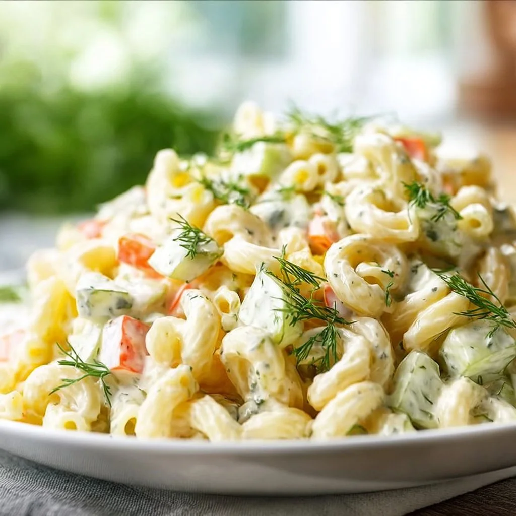 Bowl of creamy dill pickle pasta salad garnished with fresh dill and pickles