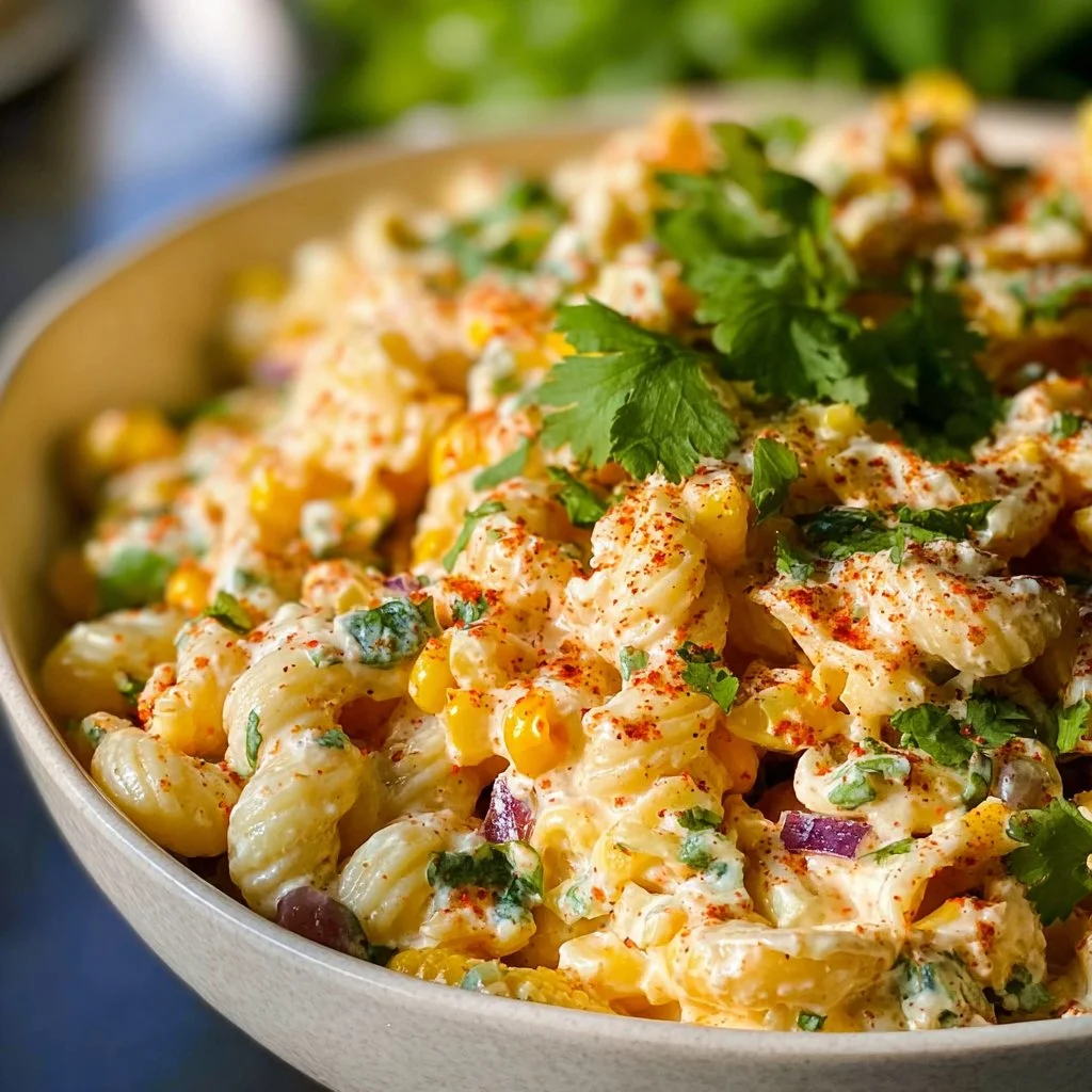 Creamy Mexican street corn pasta salad in a bowl garnished with cilantro