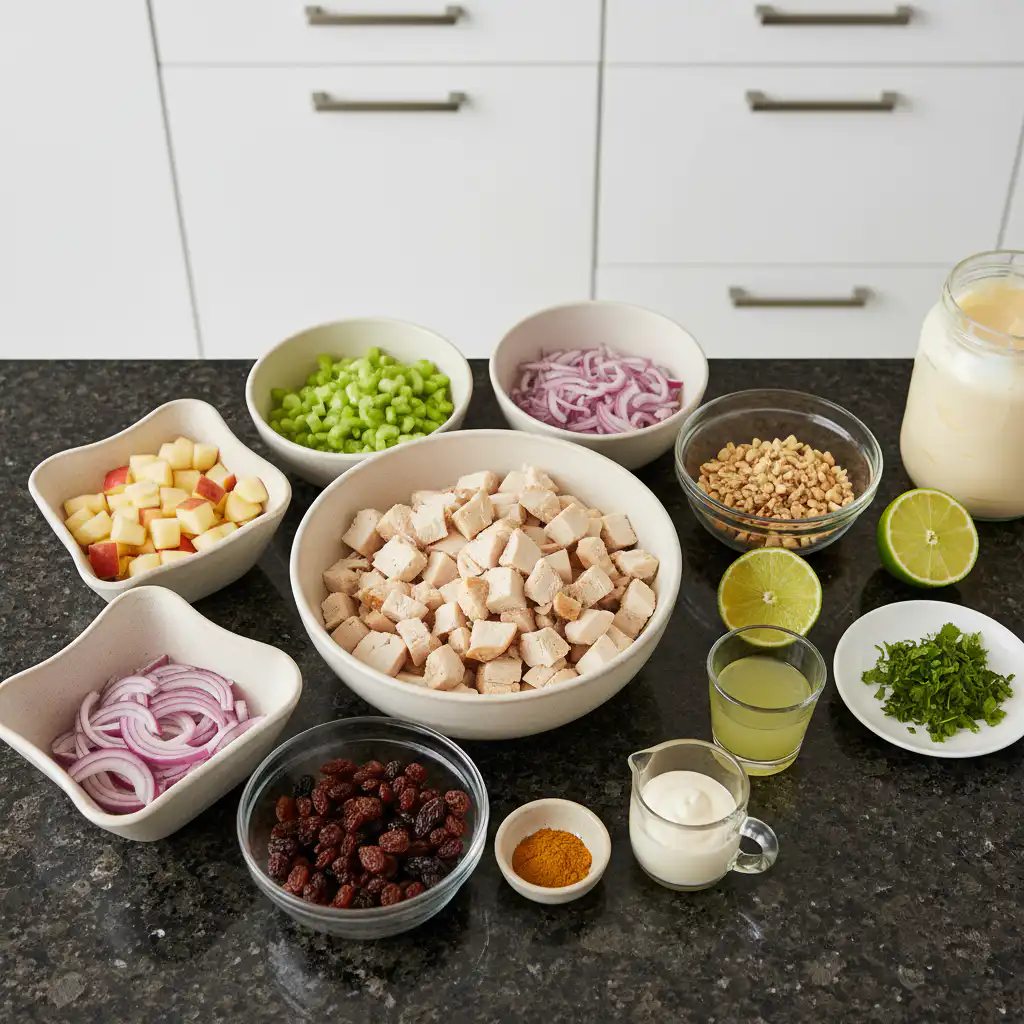 Various fresh ingredients for curry chicken salad laid out on a wooden board, including cooked chicken, mayonnaise, celery, and spices.
