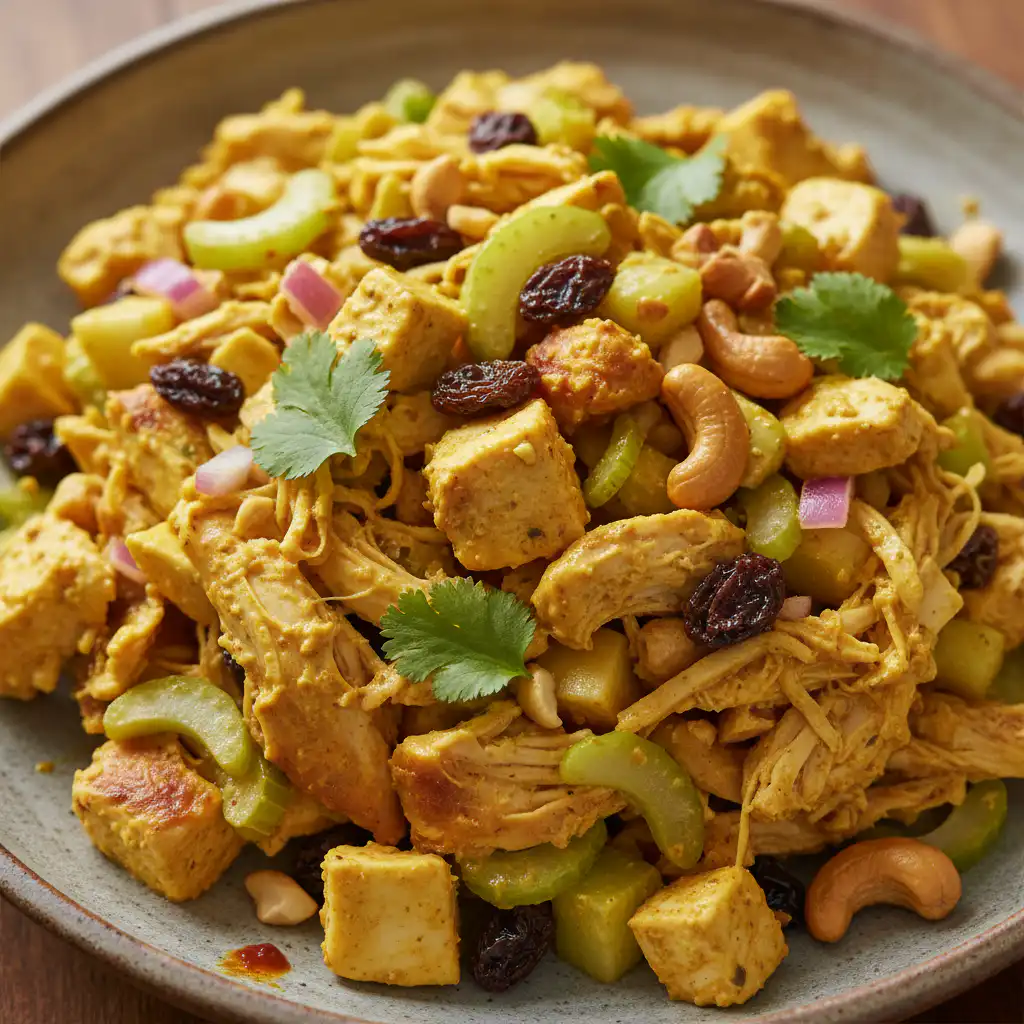 A vibrant bowl of creamy curry chicken salad, garnished with fresh cilantro and served with crackers.