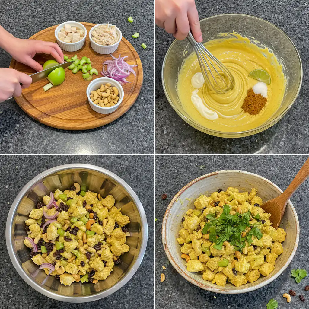 Hands mixing shredded cooked chicken with a golden, creamy curry dressing in a large glass bowl to create curry chicken salad.