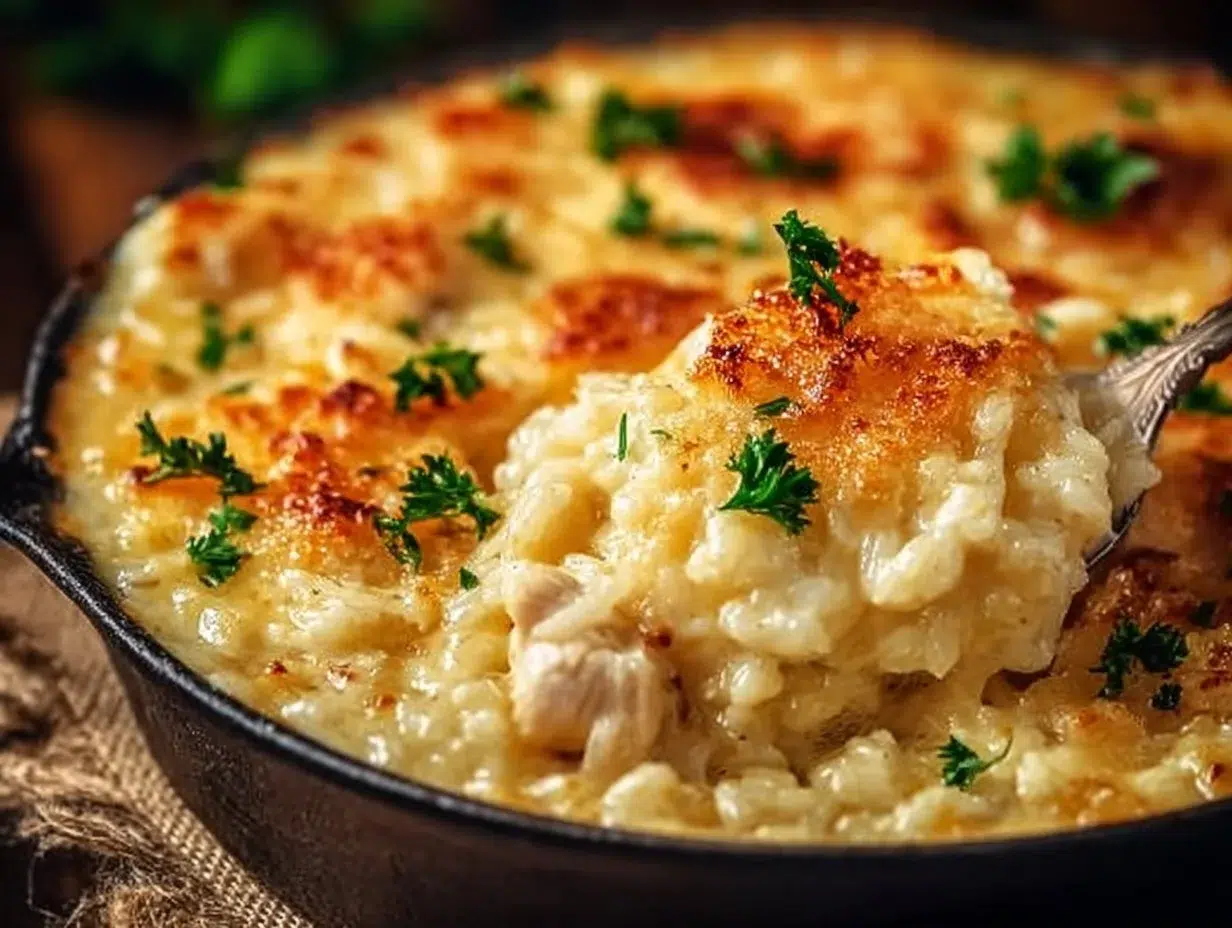Every Meal, Made Irresistible 14 Baked Angel Chicken Casserole served in a round dish with herbs and vegetables.
