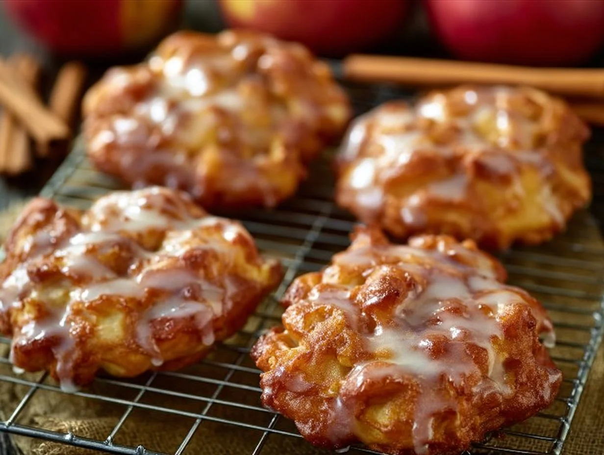 Freshly baked apple fritters on a plate, drizzled with icing.
