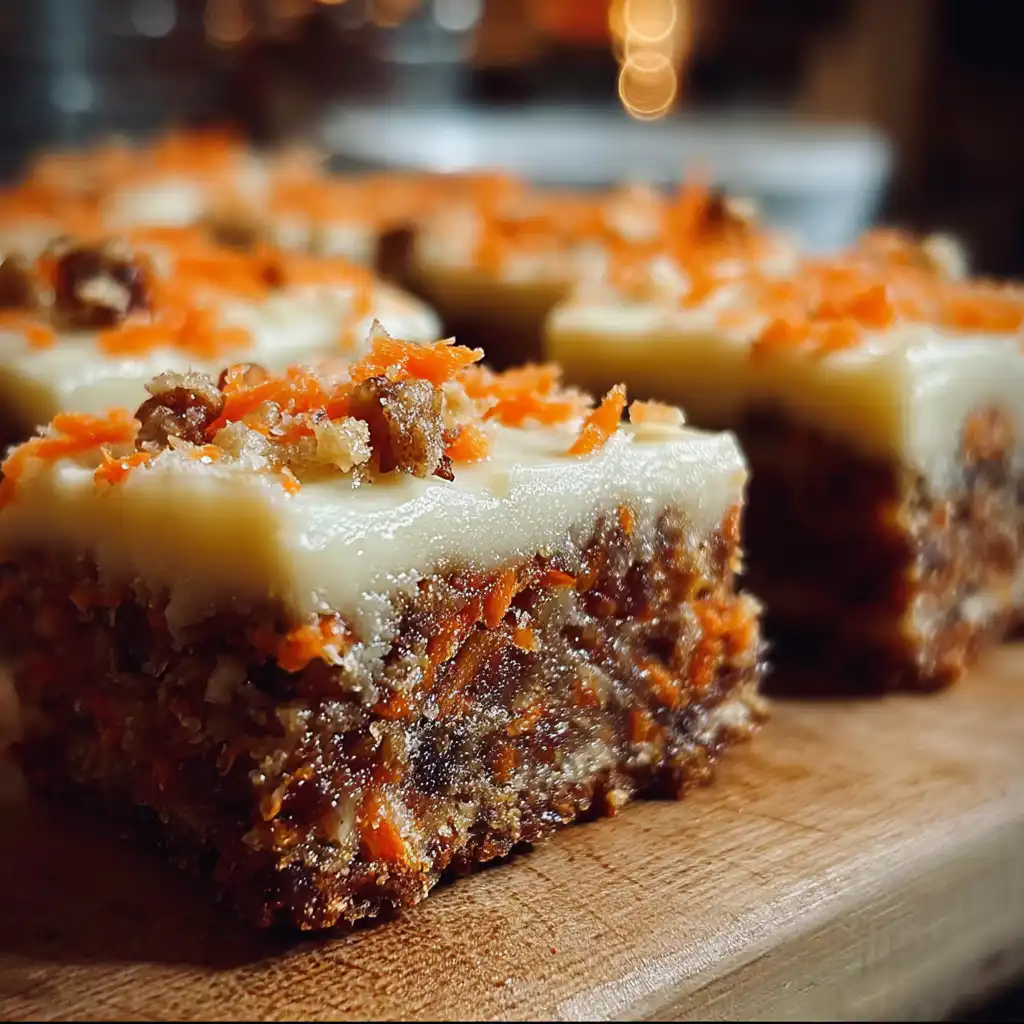 Delicious carrot cake cream cheese bars displayed on a white plate
