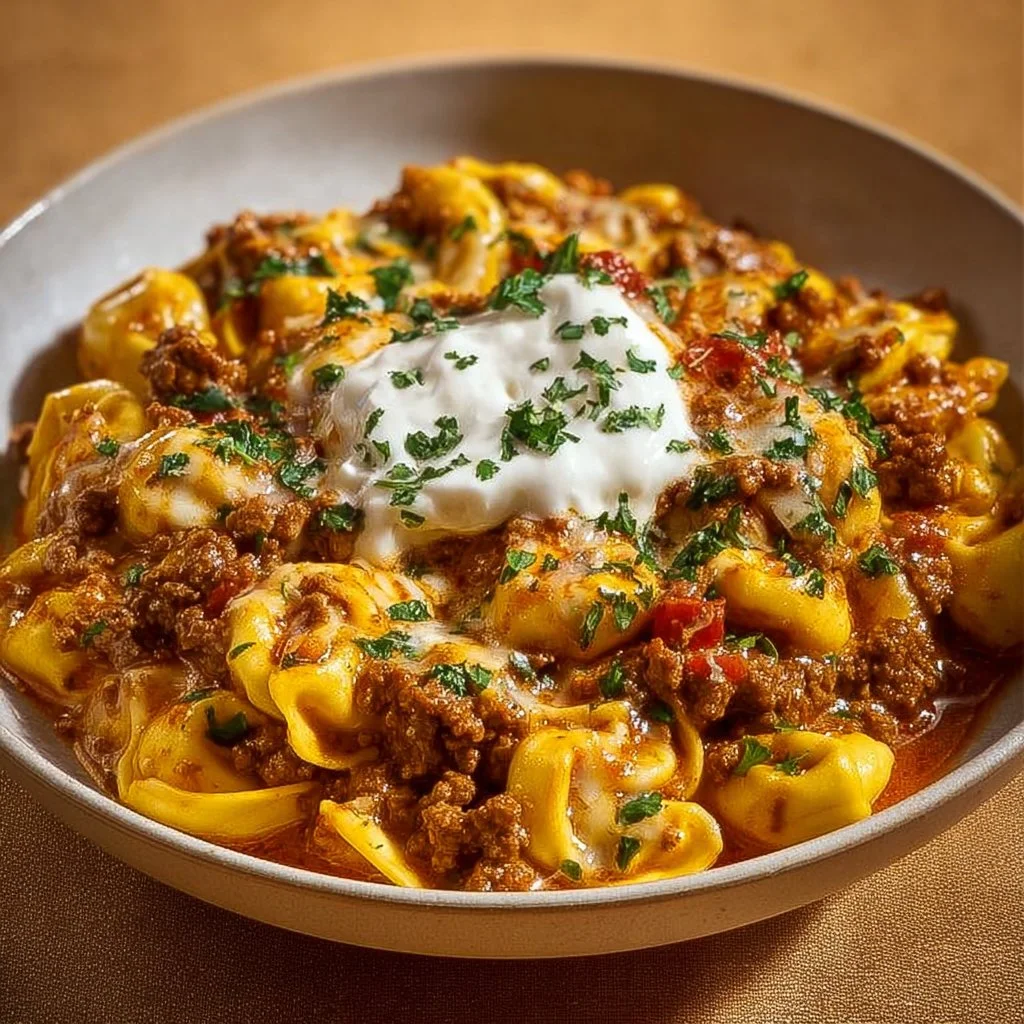 Cheesy taco tortellini bowl topped with fresh ingredients and spices