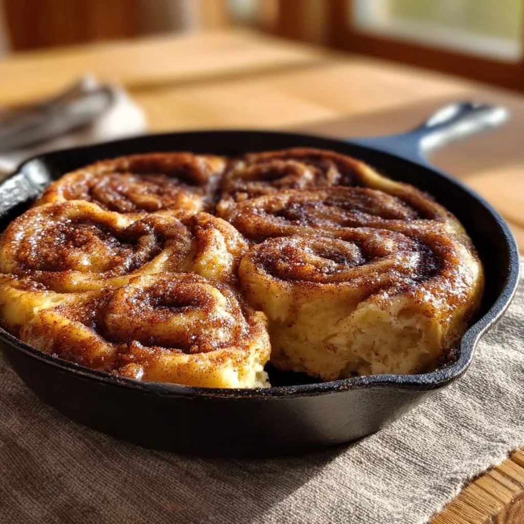 Delicious cinnamon roll pancakes in a skillet topped with icing