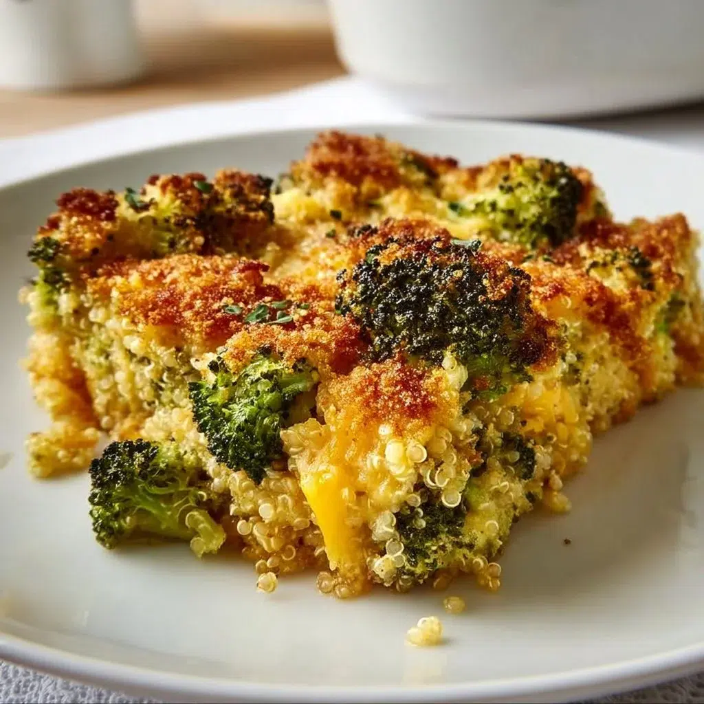 Creamy broccoli quinoa bake served in a dish with a golden top