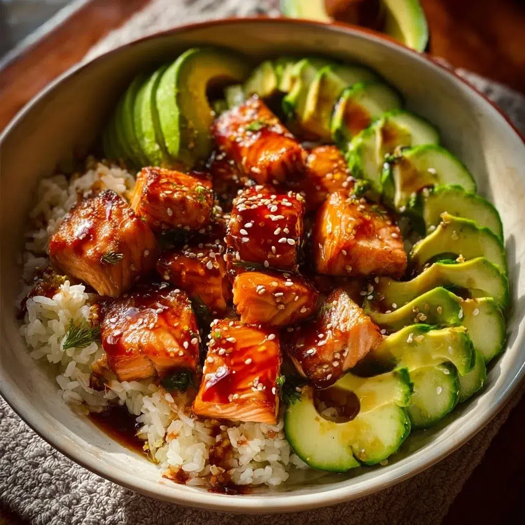 Honey glazed salmon bowl topped with fresh vegetables and rice for a healthy meal.