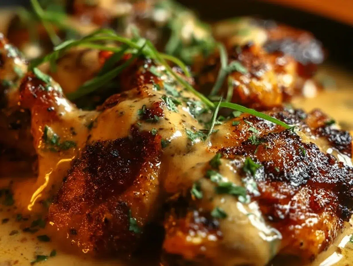 Plate of Mississippi Mud Chicken garnished with herbs