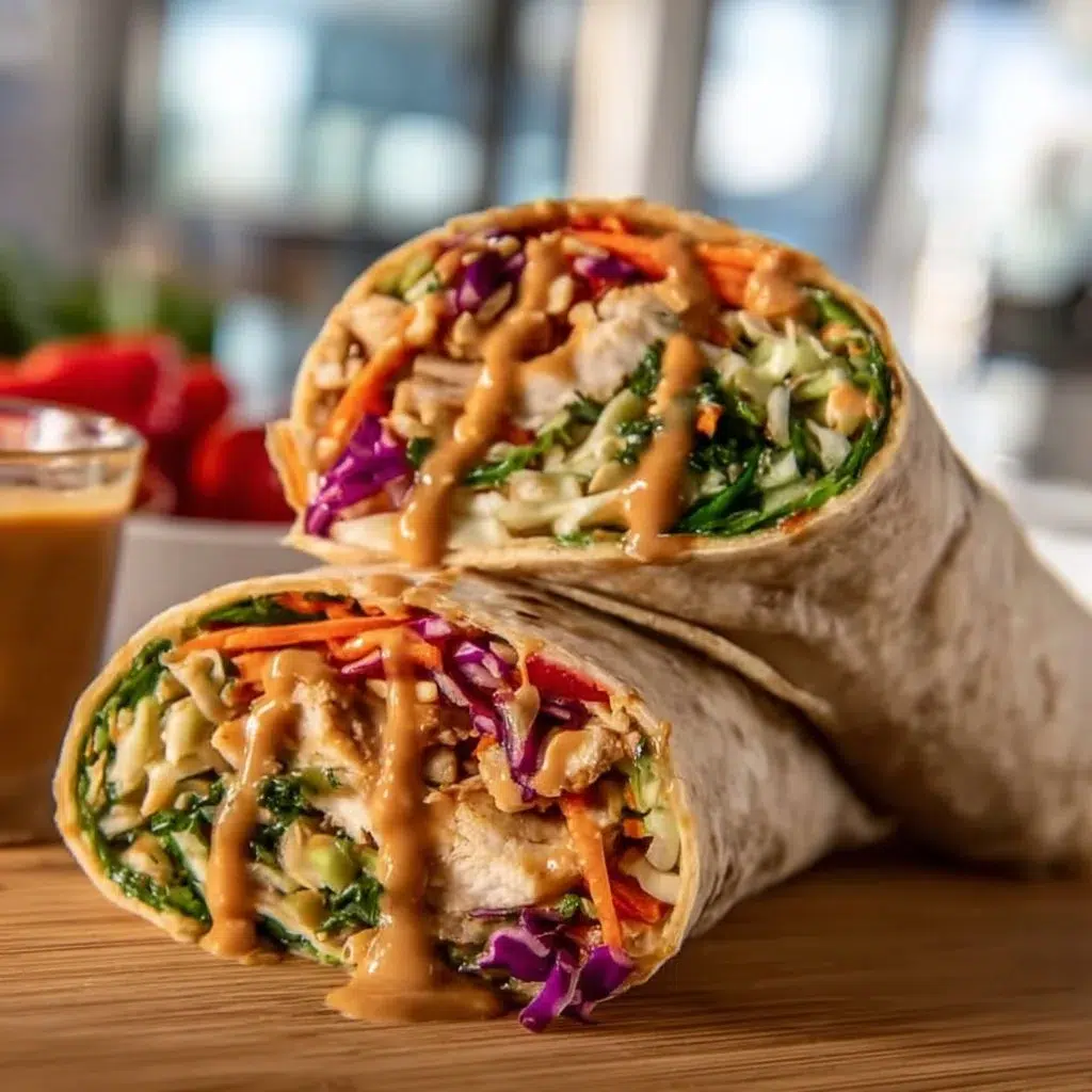 Delicious Thai Peanut Chicken Wraps with fresh vegetables and creamy peanut sauce