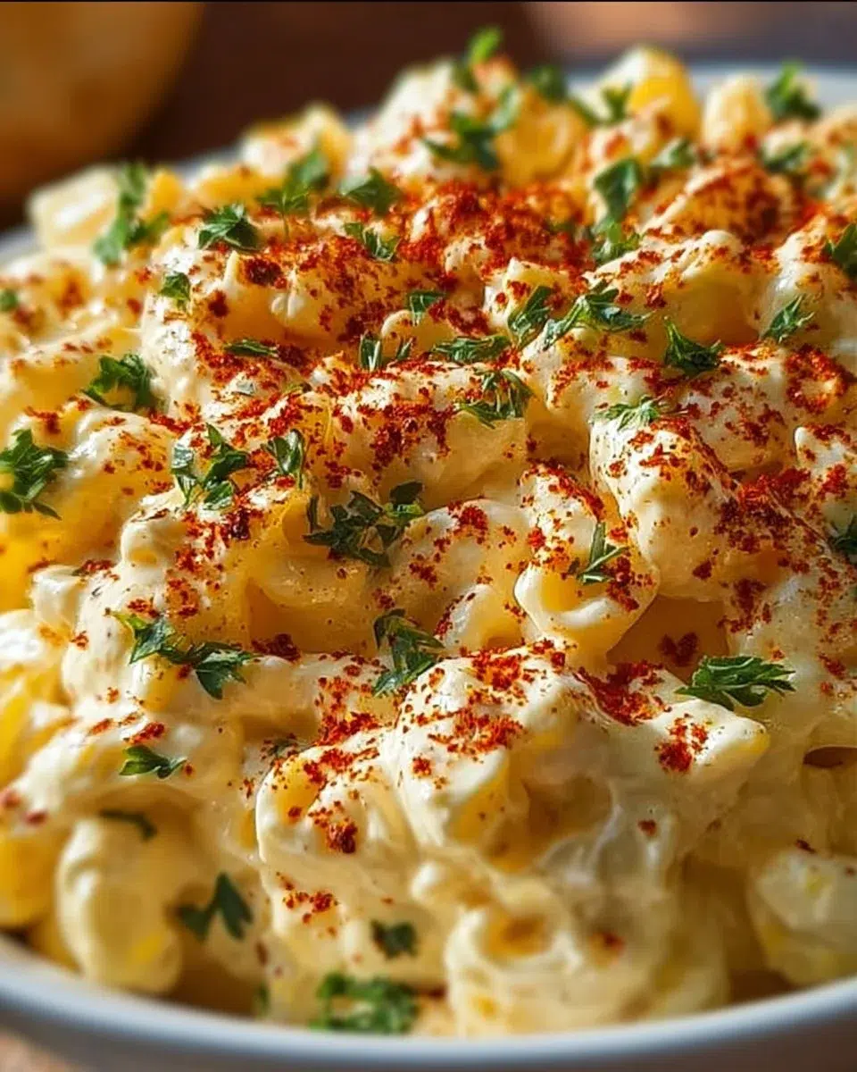 Bowl of deviled egg macaroni salad with garnishes and colorful ingredients