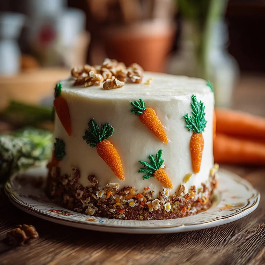 Slice of homemade carrot cake topped with cream cheese frosting