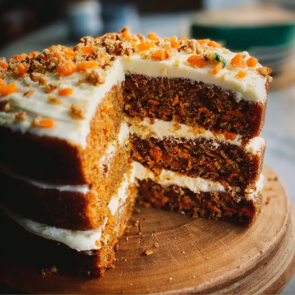 Slice of Ever Carrot Cake topped with cream cheese frosting