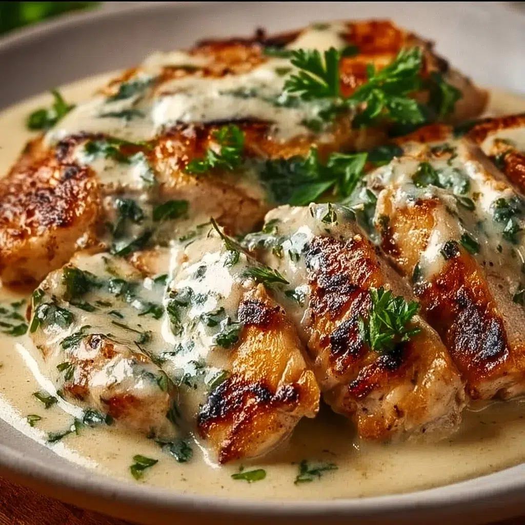 Plate of melt-in-your-mouth Caesar chicken with greens