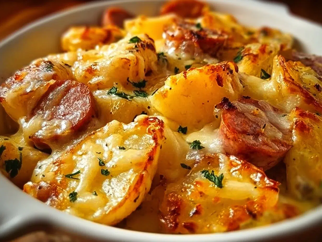 Every Meal, Made Irresistible 12 Delicious cheesy ranch potatoes served with smoked sausage on a plate