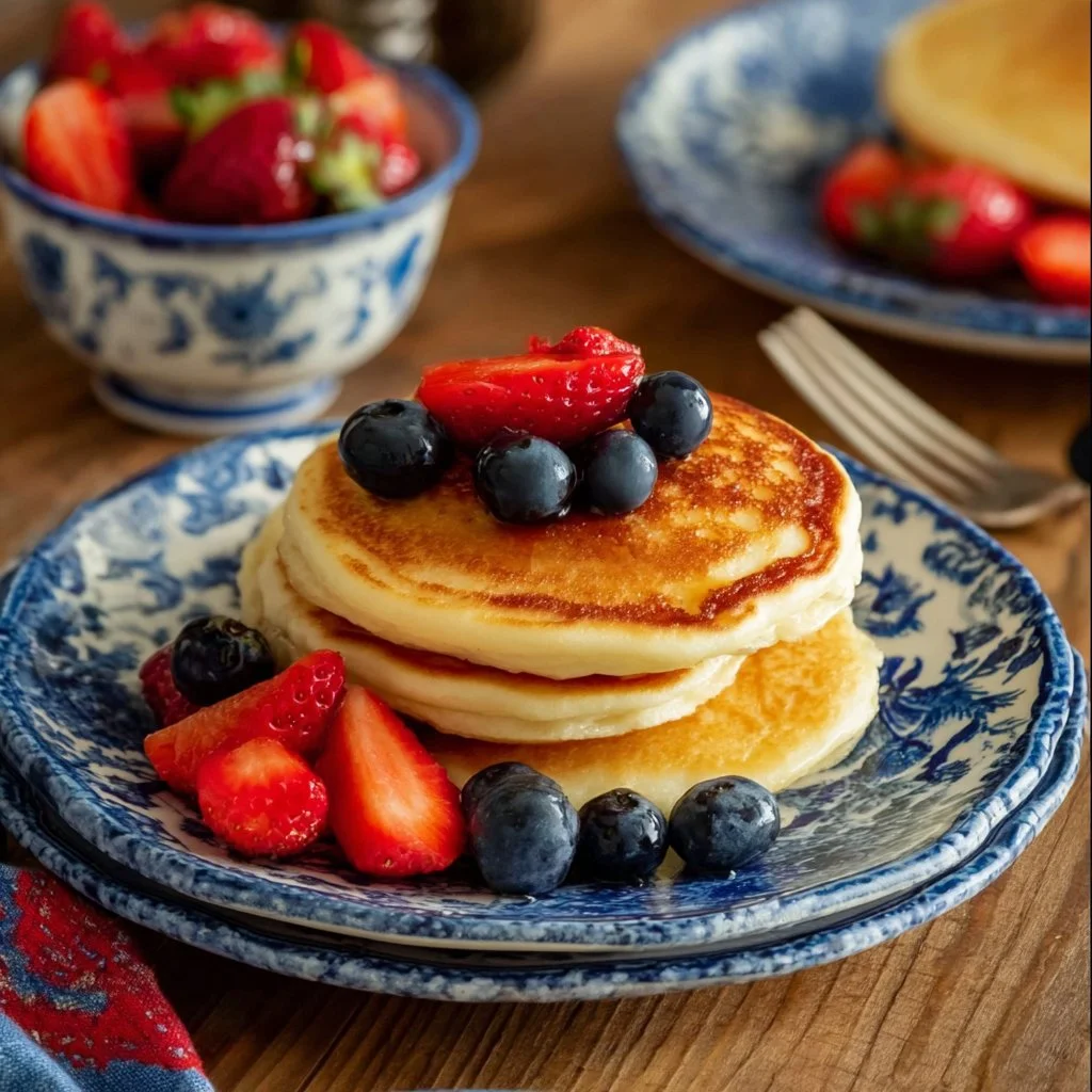 Fluffy American pancakes stacked with syrup and berries on a plate