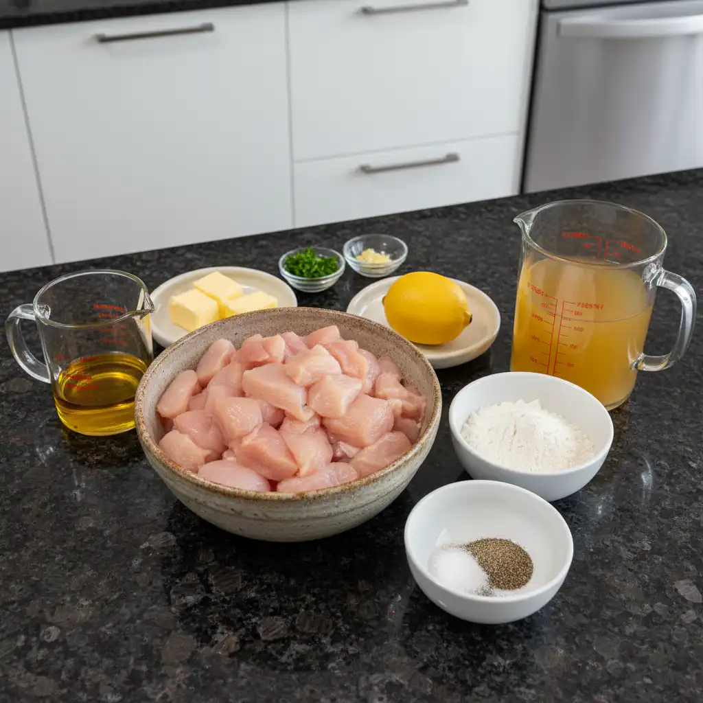 A flat lay of fresh ingredients for garlic chicken including raw chicken thighs, garlic cloves, herbs, and spices.