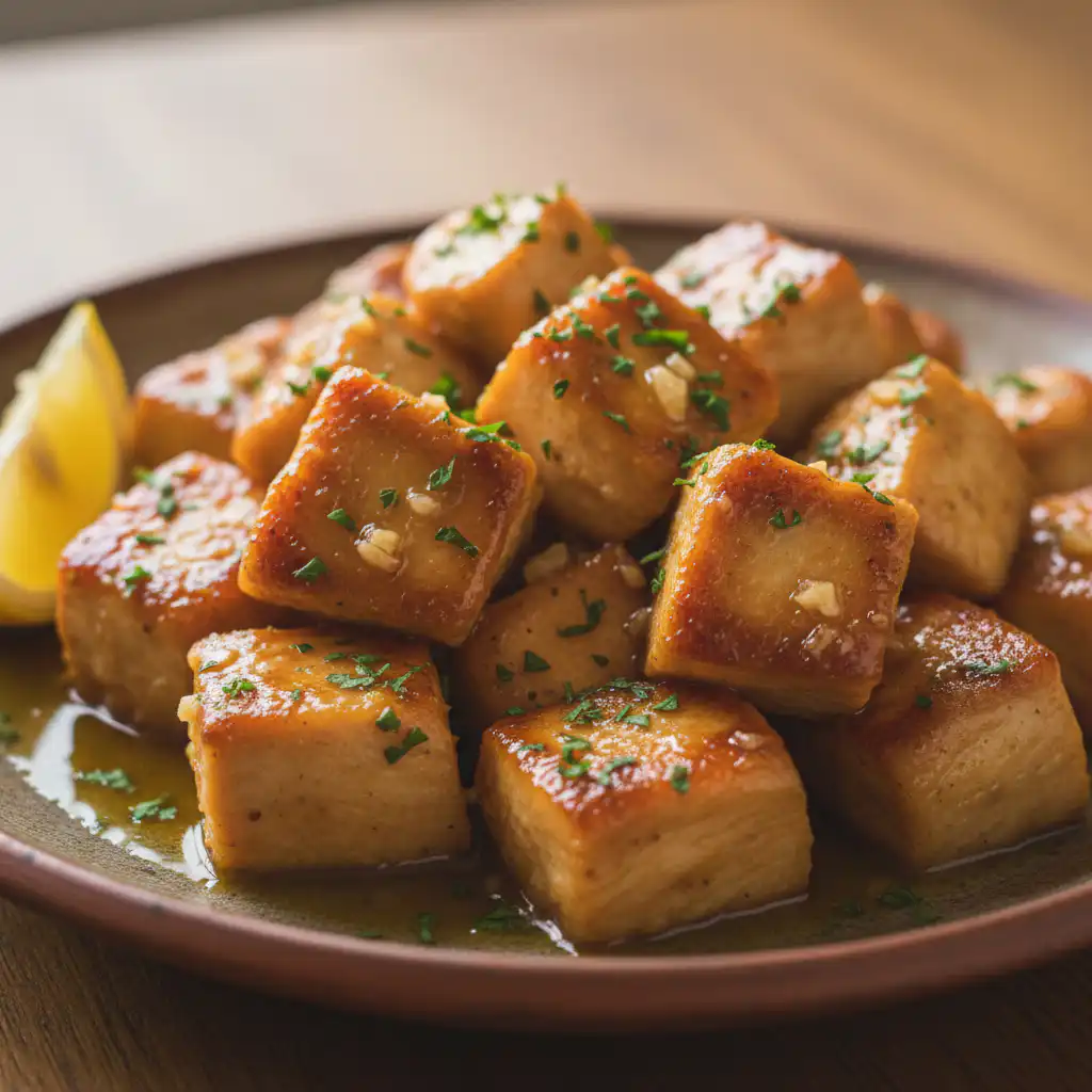 A close-up of golden-brown garlic chicken thighs garnished with fresh parsley, ready to serve.