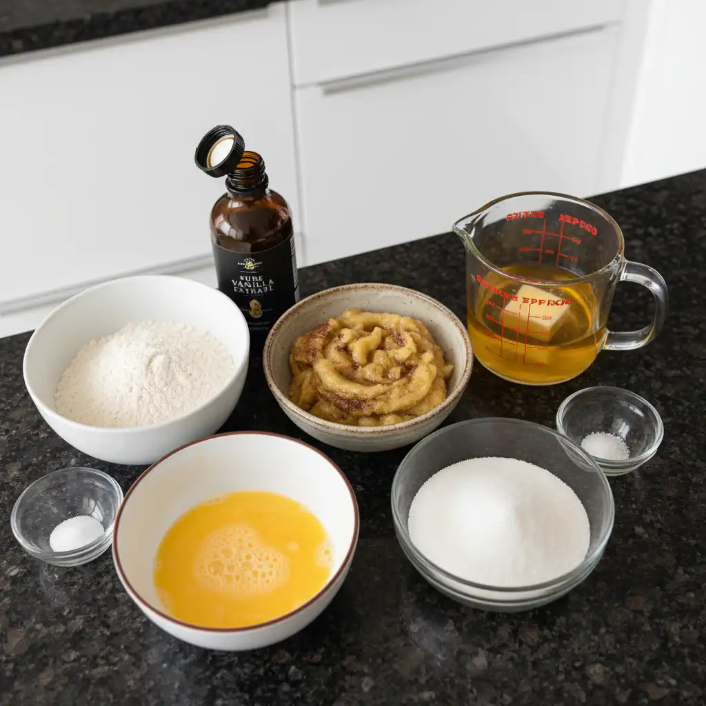 gluten-free-banana-bread-ingredients Fresh bananas, gluten-free flour blend, eggs, sugar, and other key ingredients for delicious gluten free banana bread.