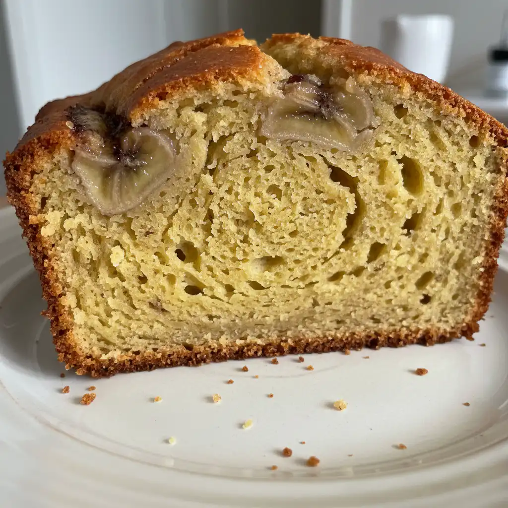 A beautifully golden-brown loaf of gluten free banana bread, sliced to reveal its moist, tender crumb, ready to be enjoyed.